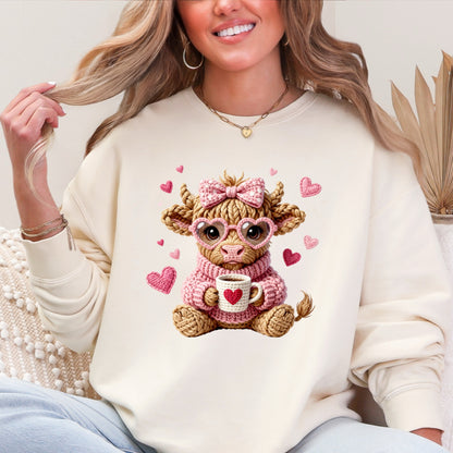Faux Crochet Valentines Pink Sweater Cow