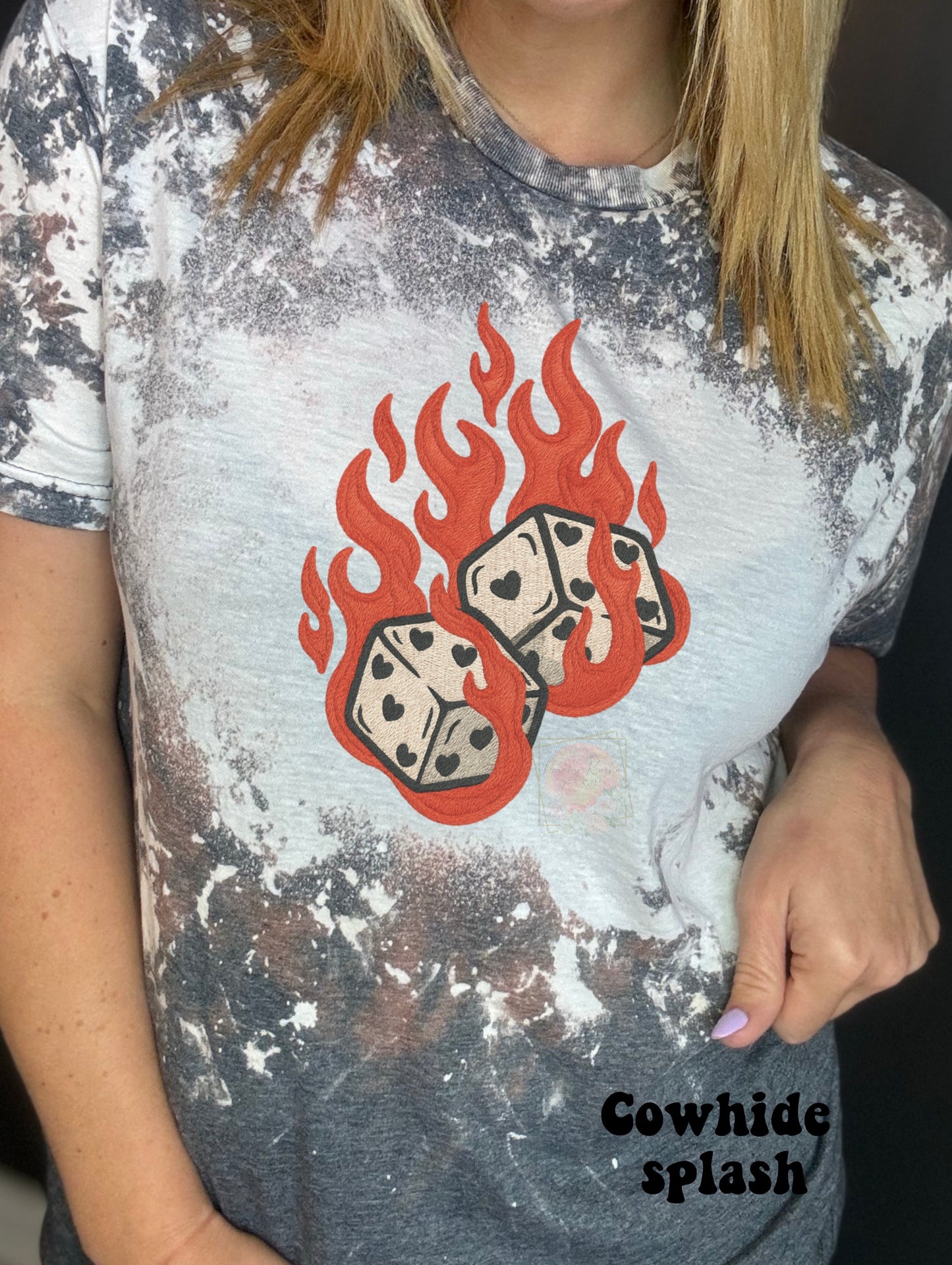 Faux Embroidered Hearts On Fire Dice