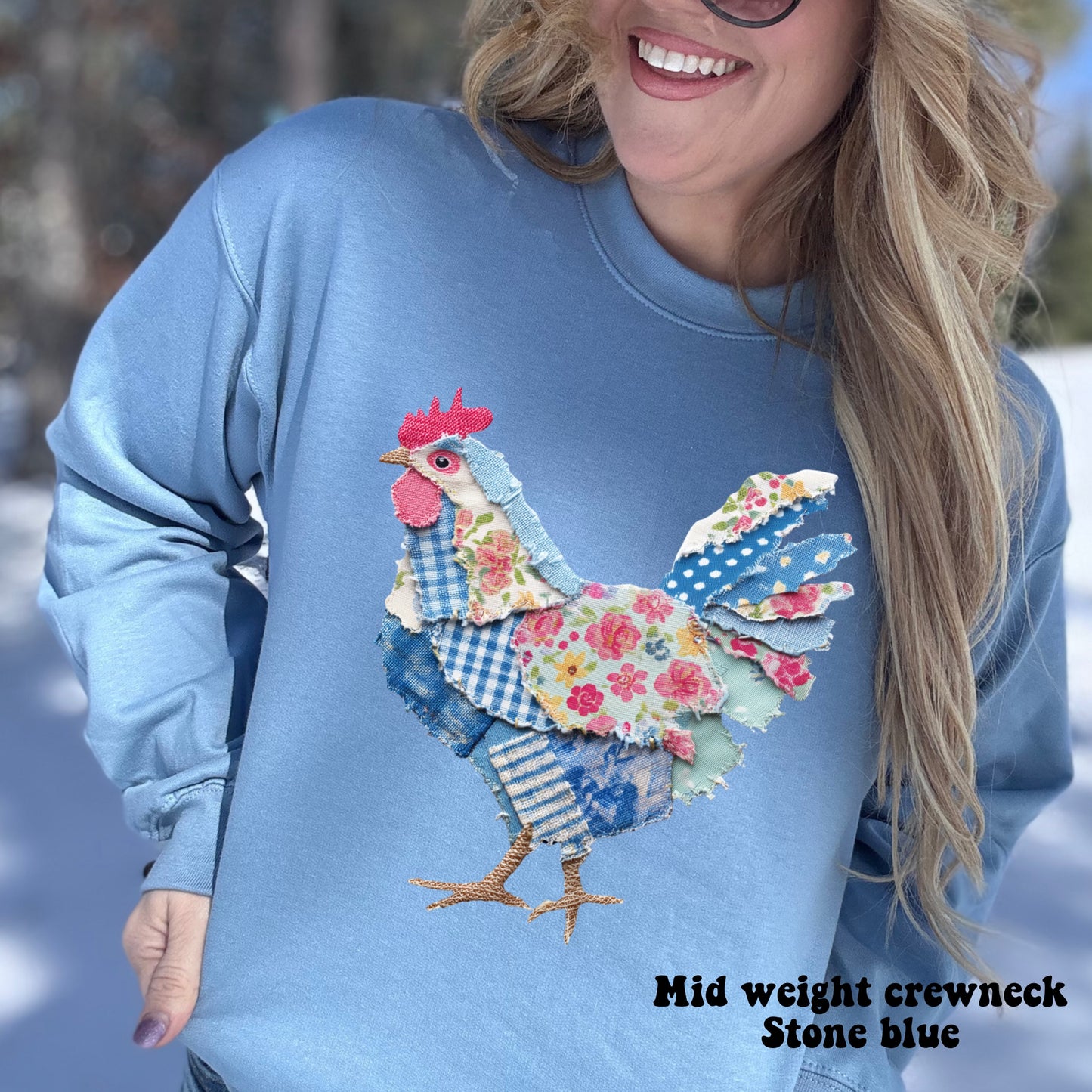 Blue Patchwork Chicken -blue and floral