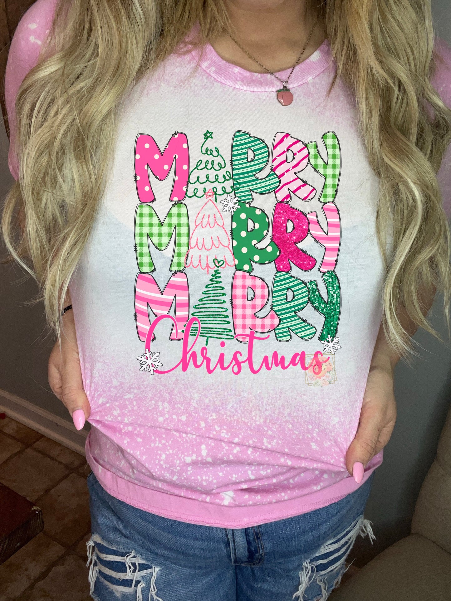 Pink Mixed Pattern Merry Christmas Stacked