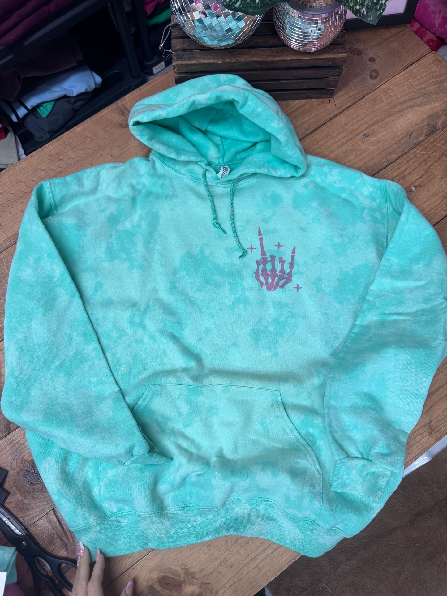 Slightly imperfect Size XL “don’t talk to me when I’m overstimulated” mint blue acid hoodie