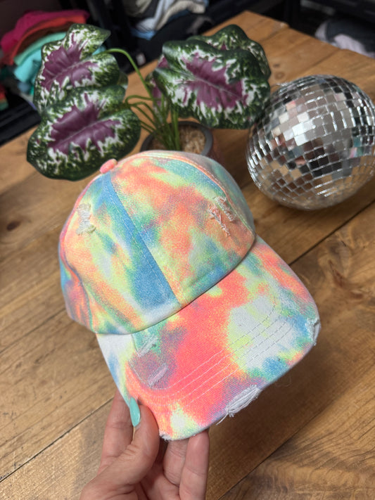 Criss cross ponytail Neon tiedye hat