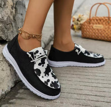 Load image into Gallery viewer, Cow print canvas slip on shoes
