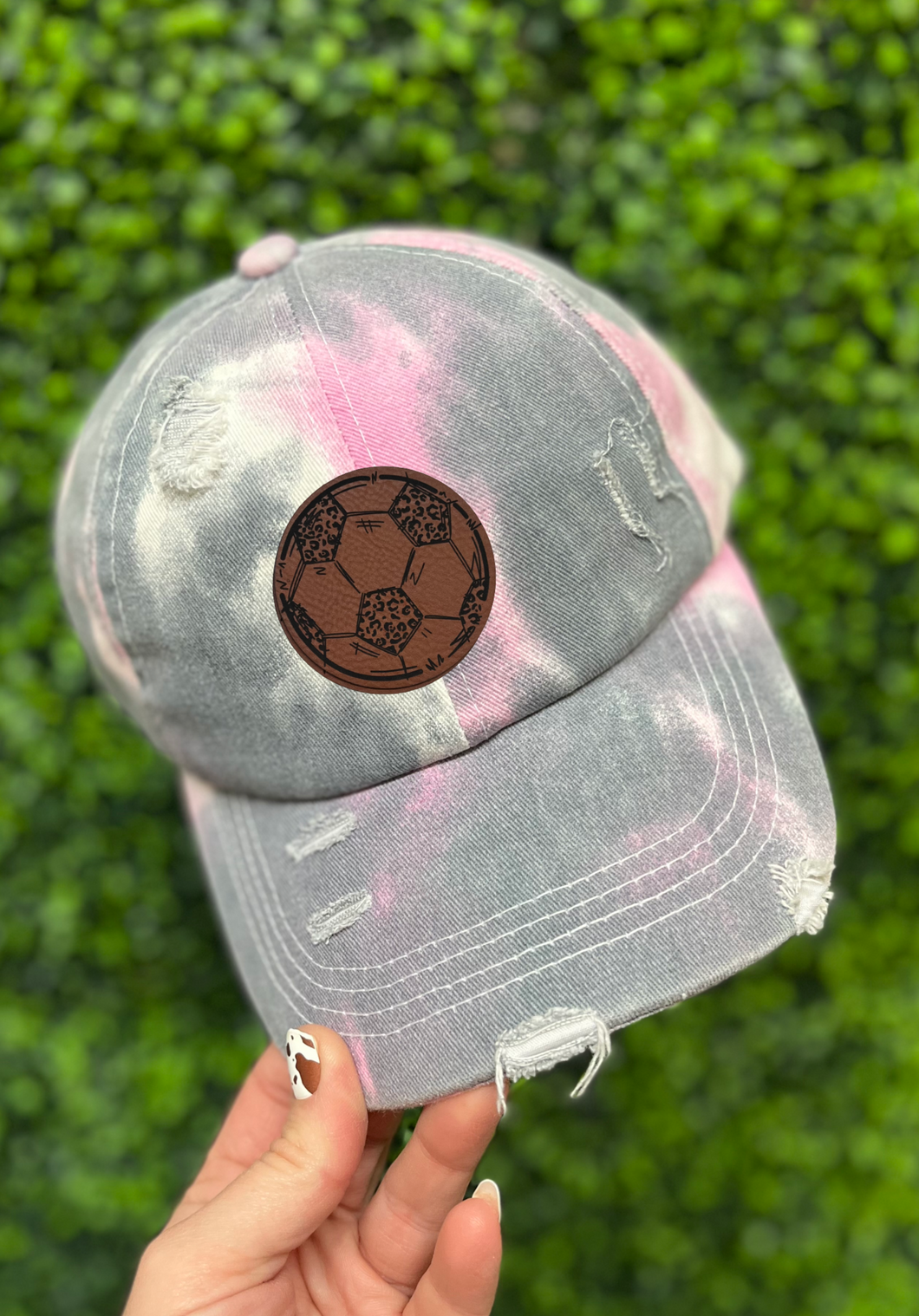 Leopard soccer ball leather patch hat